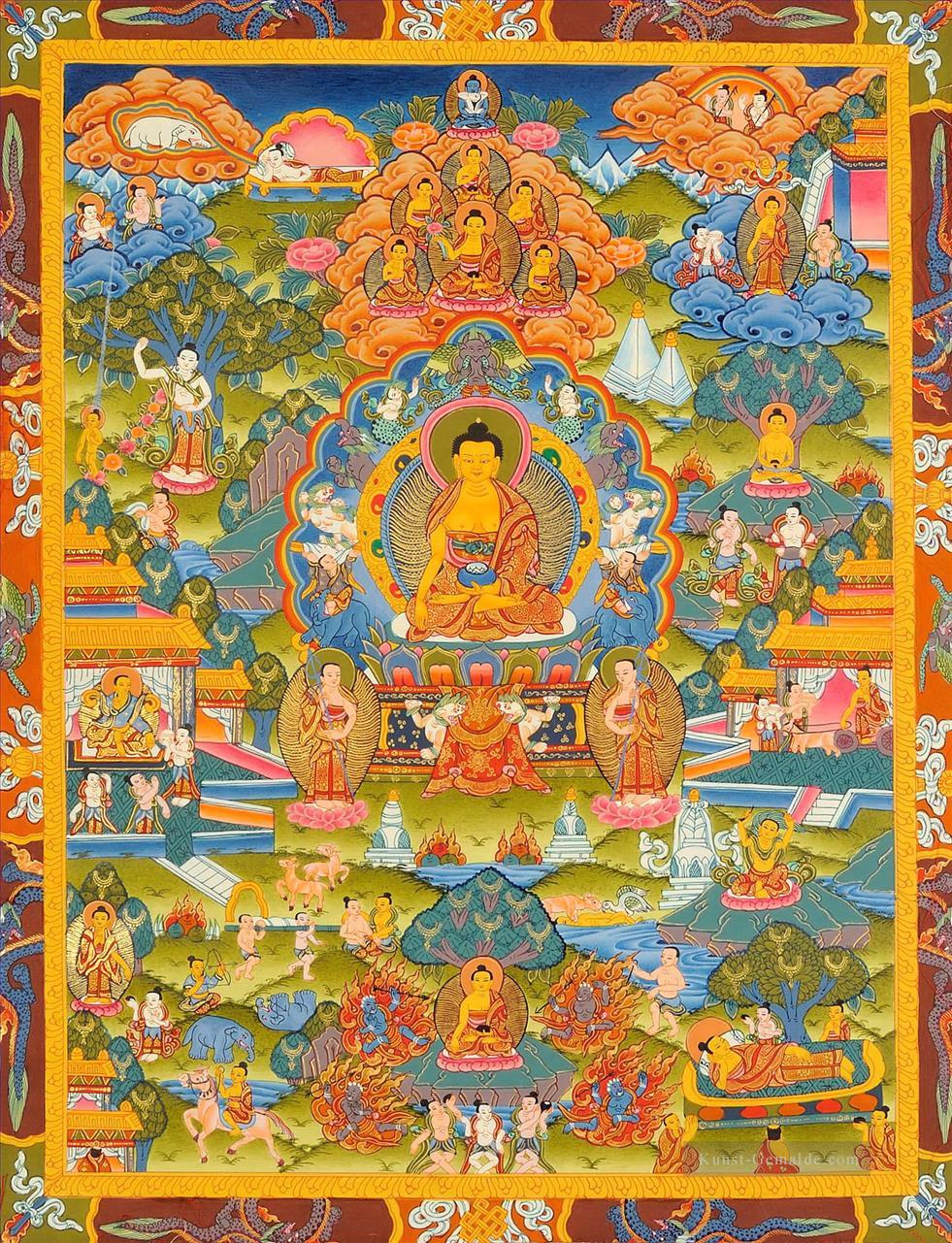 Lord Buddha auf sechs Ornamentthron der Aufklärung und die Szenen aus seinem Leben Buddhismus Ölgemälde